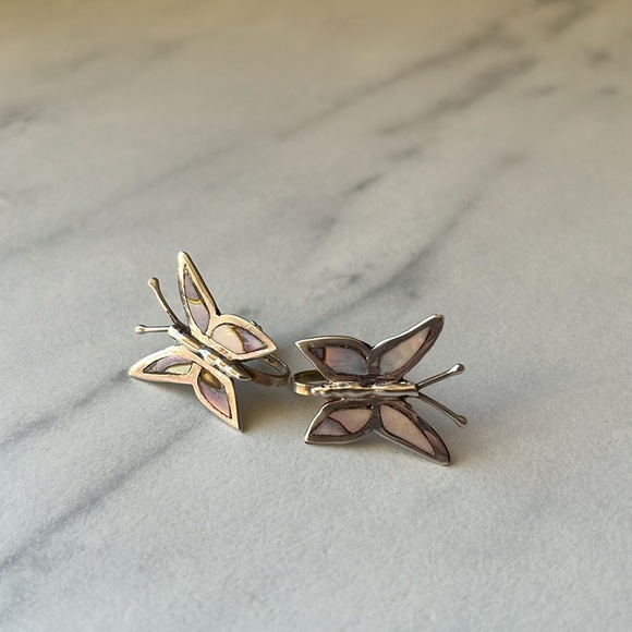 TAXCO Mexico RM Sterling Silver Abalone Inlay Butterfly Screw Back Earrings 925 - Picture 2 of 14